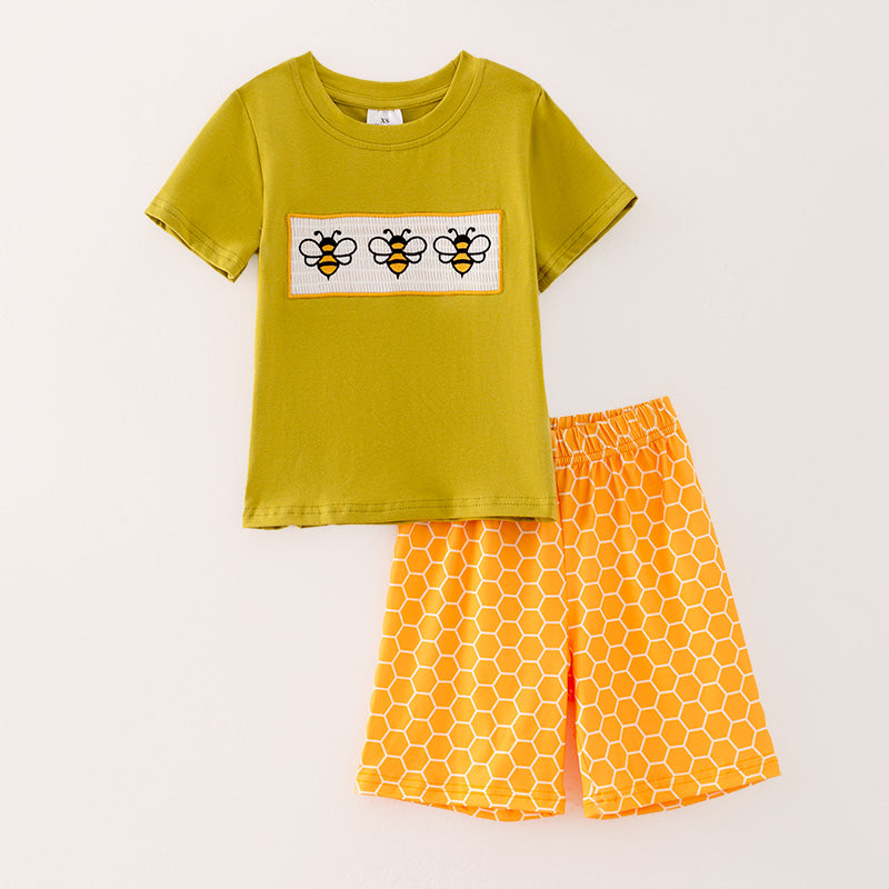 （In Stock）Boys Spring Bee Embroidery Smocked Shorts Set