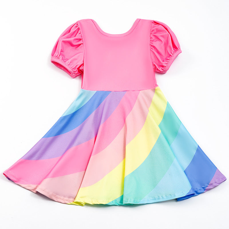 Girls Rainbow Stripe Pink Twirl Dress