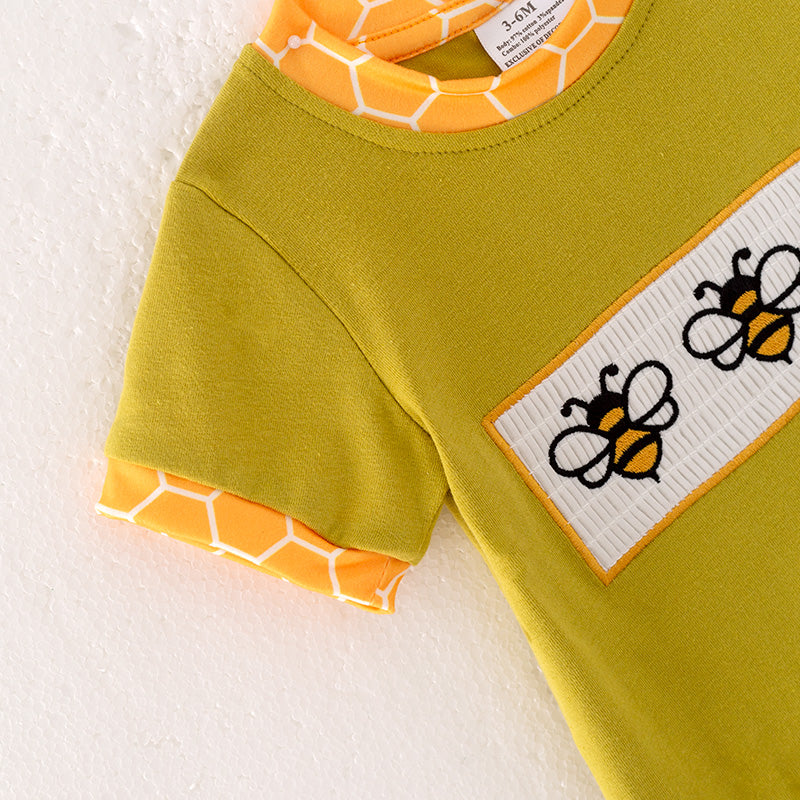 （In Stock）Baby Boys Spring Bee Embroidery Smocked Romper