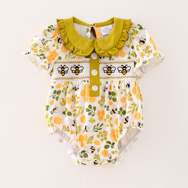 （In Stock）Toddler Girl Spring Bee Embroidery Smocked Romper