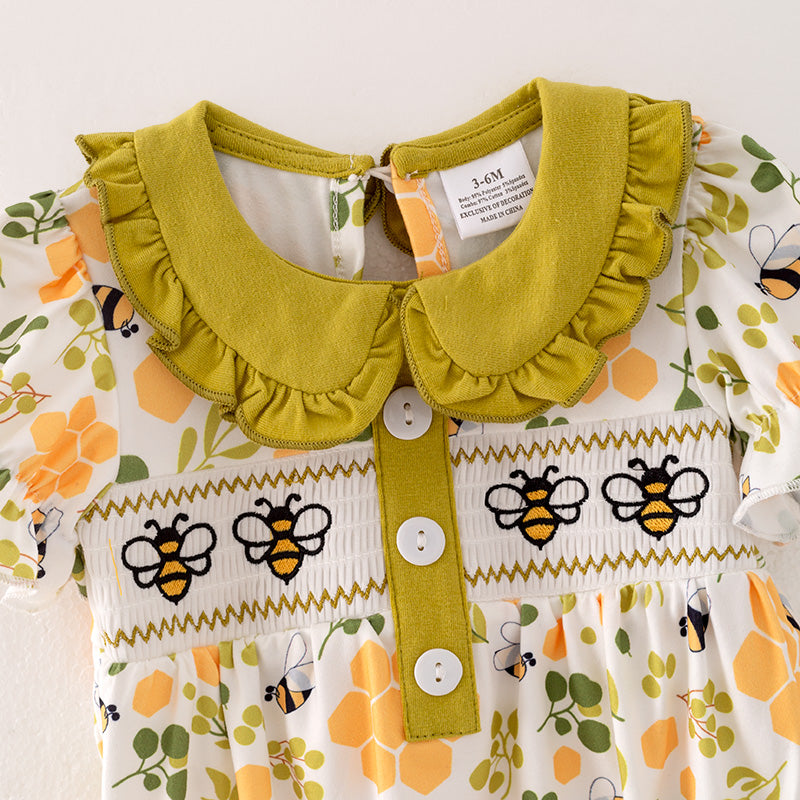 （In Stock）Toddler Girl Spring Bee Embroidery Smocked Romper