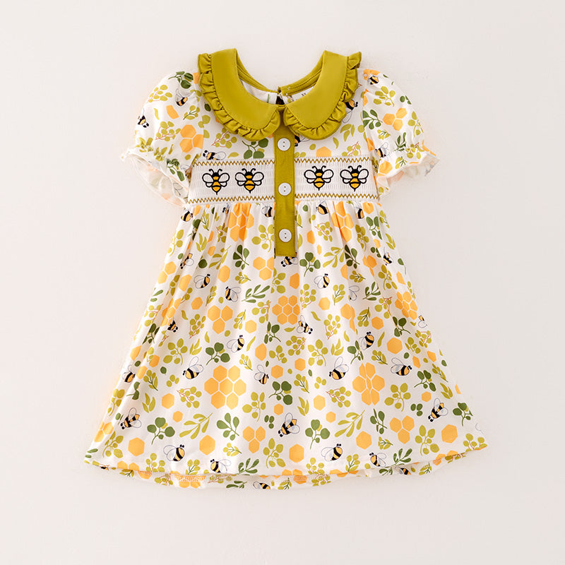 （In Stock）Girls Spring Bee Embroidery Smocked Dress