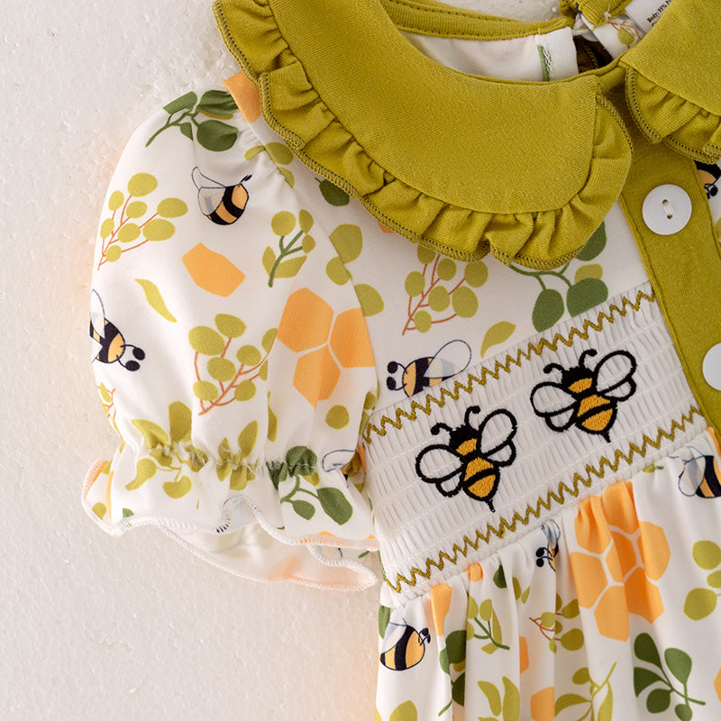 （In Stock）Girls Spring Bee Embroidery Smocked Dress