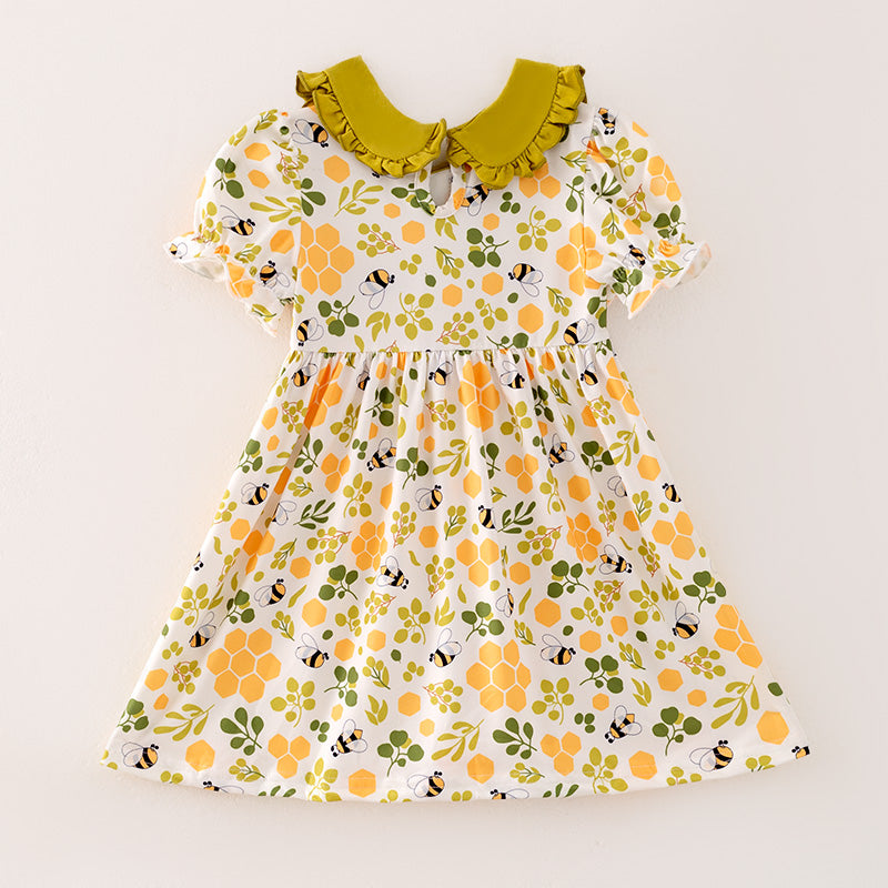 （In Stock）Girls Spring Bee Embroidery Smocked Dress