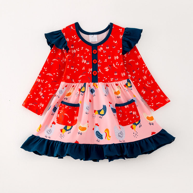 (In Stock G32-02-03)Girls Red Cute Chick Print Dress