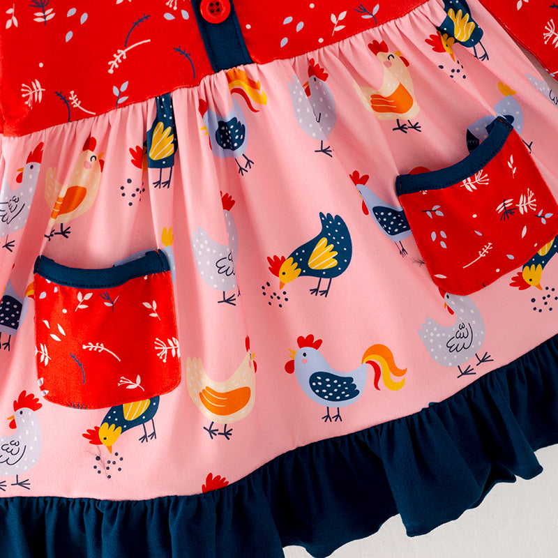 (In Stock G32-02-03)Girls Red Cute Chick Print Dress