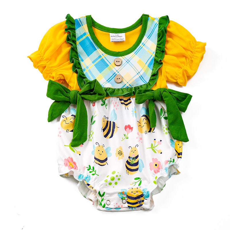 （In Stock E29-5-1）Girls Yellow Bee Floral Bow Romper