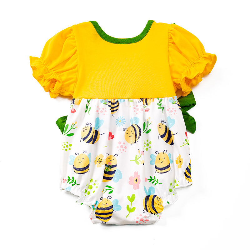 （In Stock E29-5-1）Girls Yellow Bee Floral Bow Romper