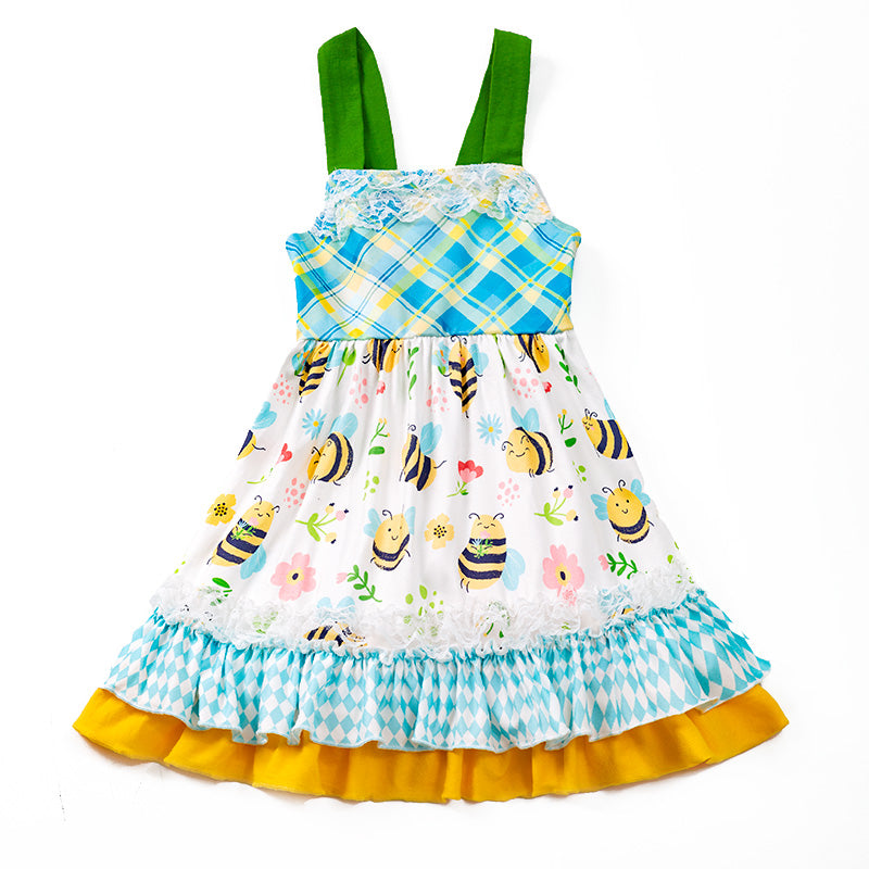 （In Stock E30-2-2）Girls Yellow Bee Floral Plaid Dress