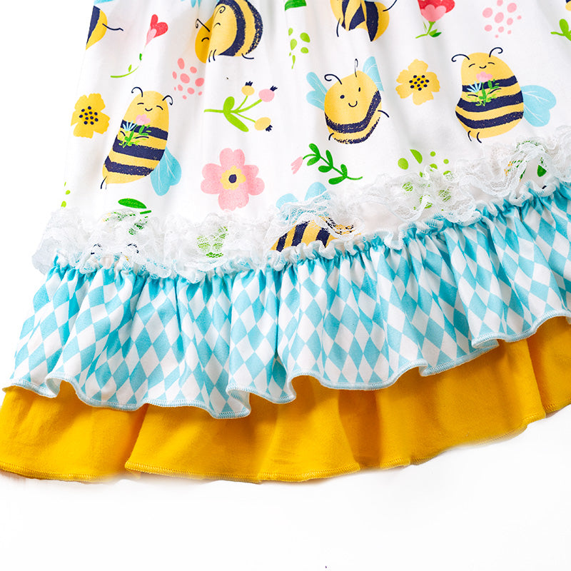 （In Stock E30-2-2）Girls Yellow Bee Floral Plaid Dress