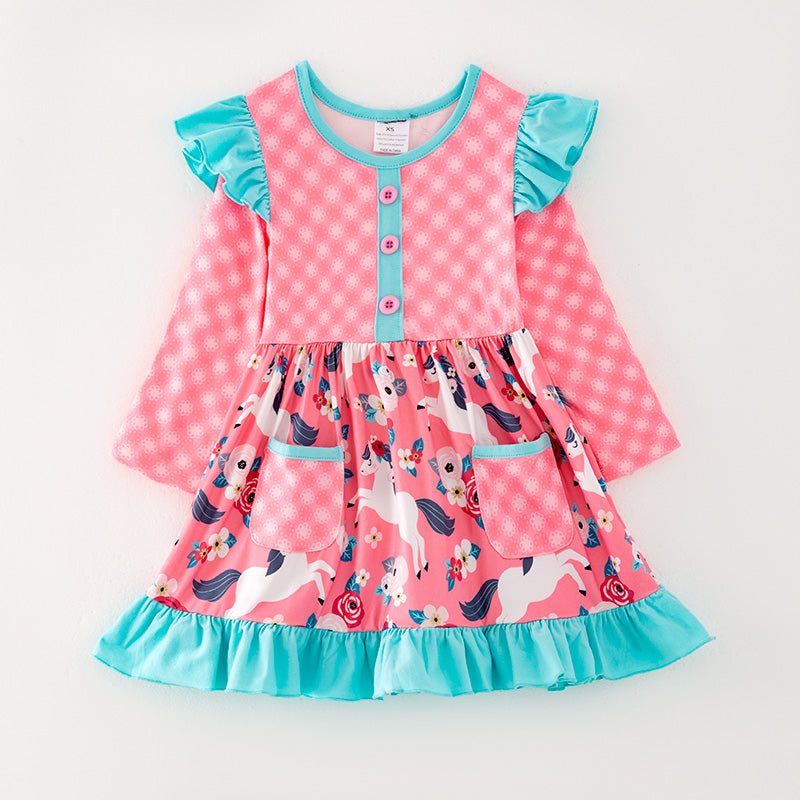 （In Stock G32-05-03 L22-01-03）Girls Pink Pony Print Dress