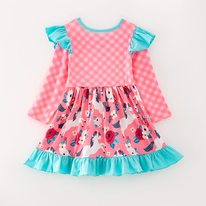 （In Stock G32-05-03 L22-01-03）Girls Pink Pony Print Dress