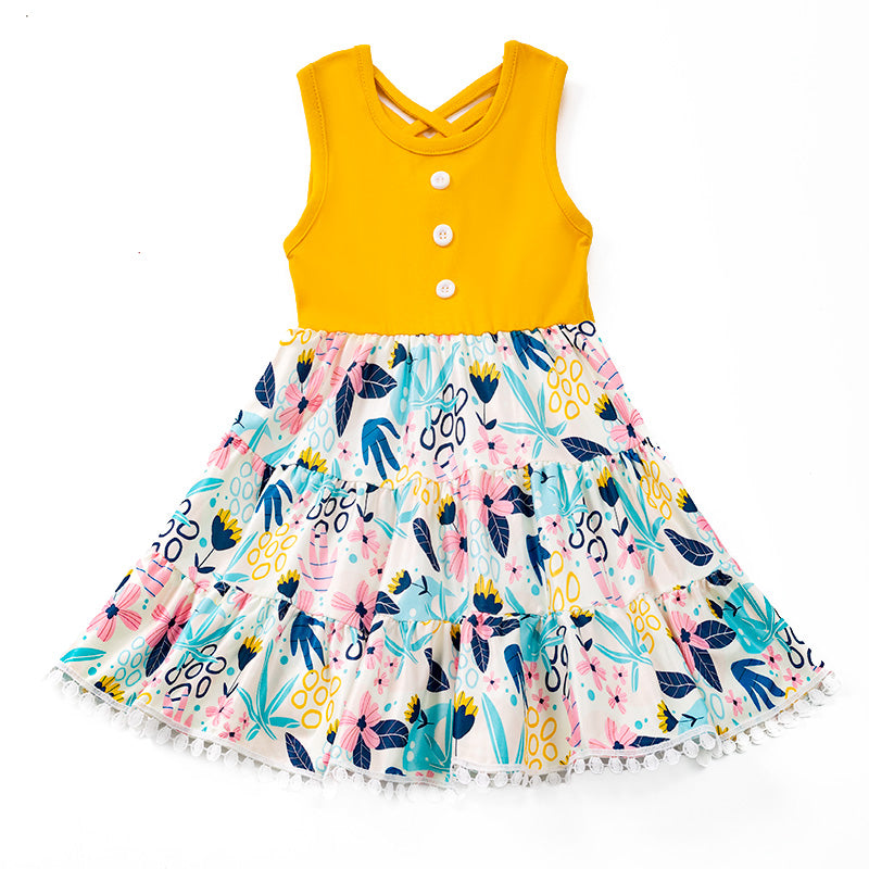 （In Stock E29-5-3）Girls Mustard Floral Button Dress