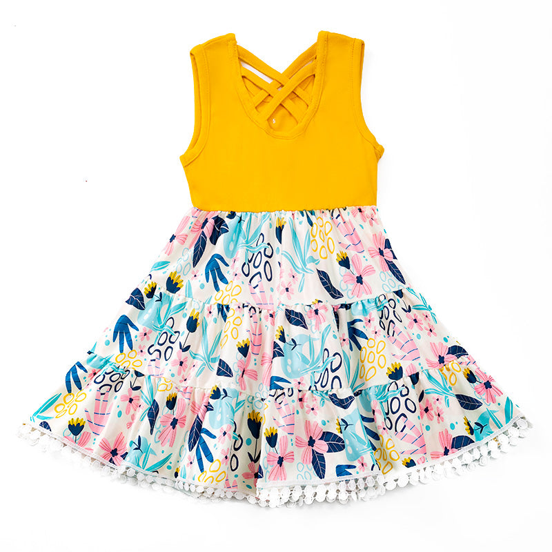 （In Stock E29-5-3）Girls Mustard Floral Button Dress