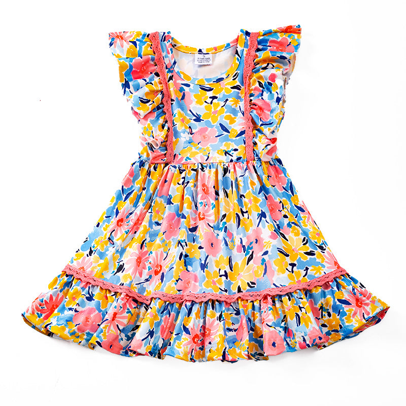 （In Stock E29-5-2）One Pack(2 Pieces total) Girls Coral Mustard Floral Ruffles Dress