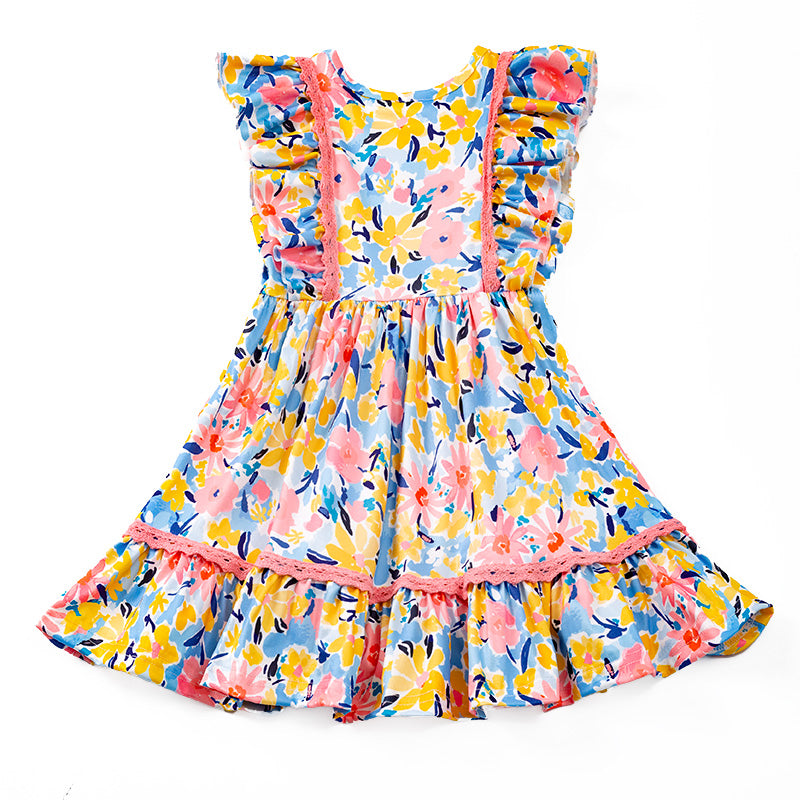 （In Stock E29-5-2）One Pack(2 Pieces total) Girls Coral Mustard Floral Ruffles Dress