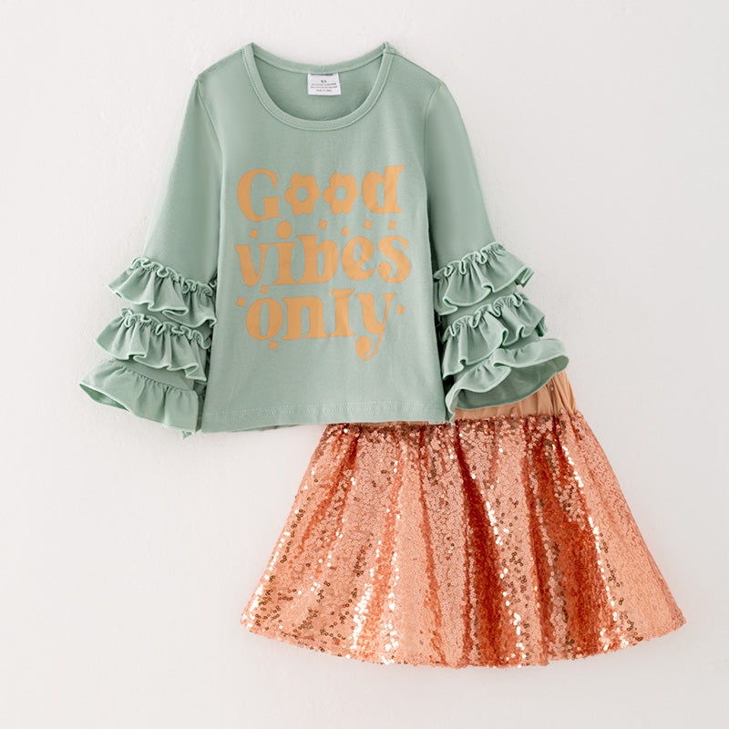 （In Stock G25-04-03）Girls Mint Ruffled Top Skirt Set