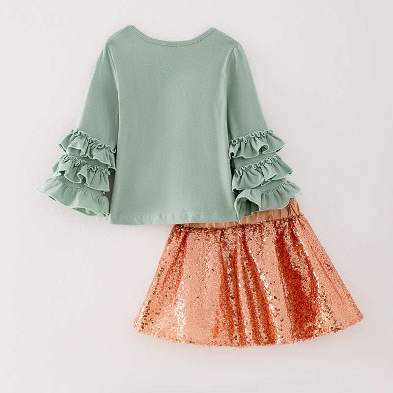 （In Stock G25-04-03）Girls Mint Ruffled Top Skirt Set