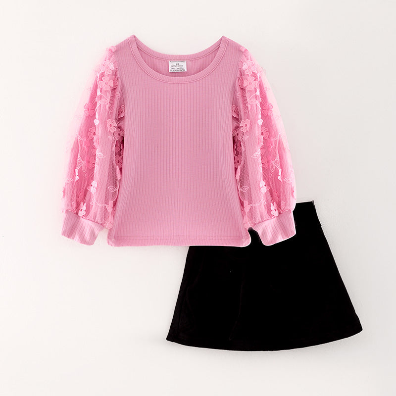 (In Stock G31-05-02)Girls Pink Puffy Sleeve Top Black Skirt Set