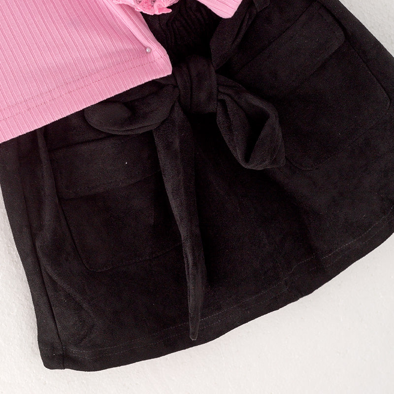 (In Stock G31-05-02)Girls Pink Puffy Sleeve Top Black Skirt Set