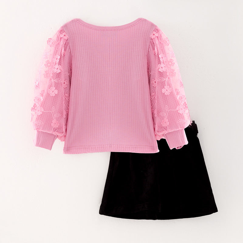 (In Stock G31-05-02)Girls Pink Puffy Sleeve Top Black Skirt Set