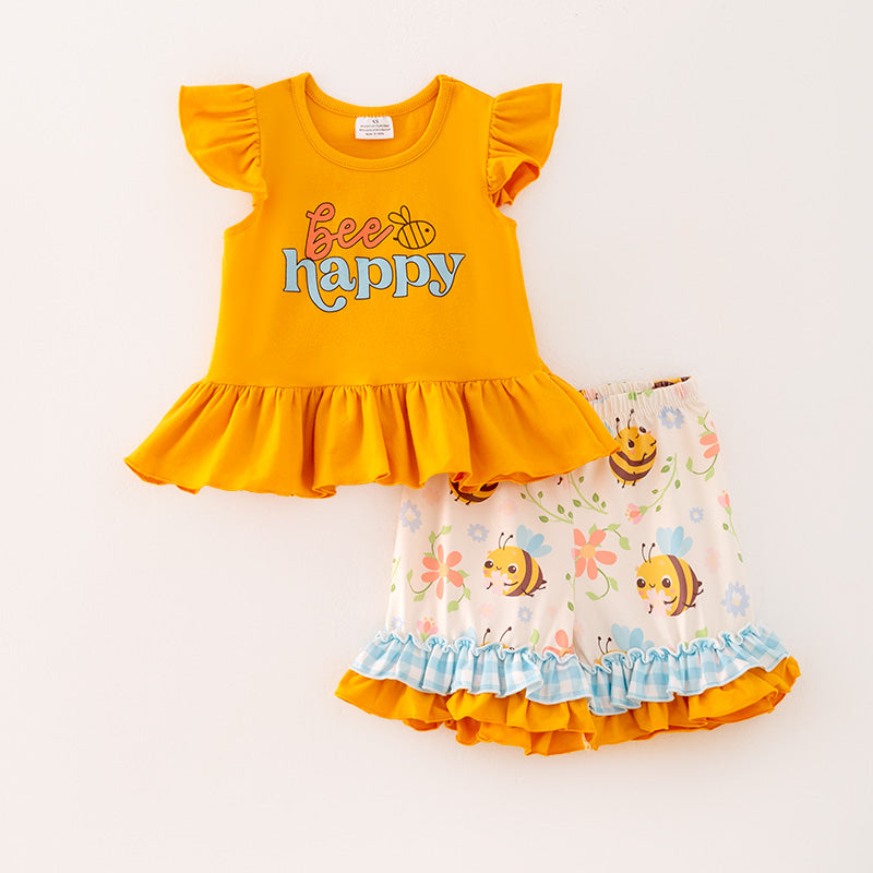 （In Stock）Girls Spring and Summer Bee Print Shorts Set