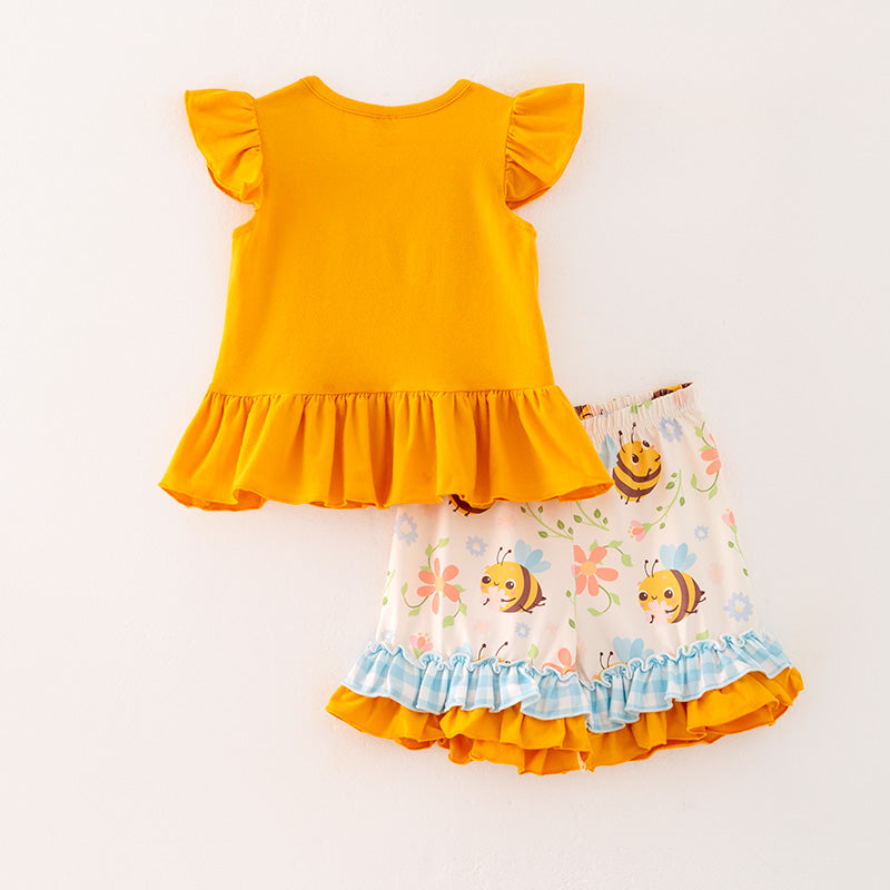 （In Stock）Girls Spring and Summer Bee Print Shorts Set