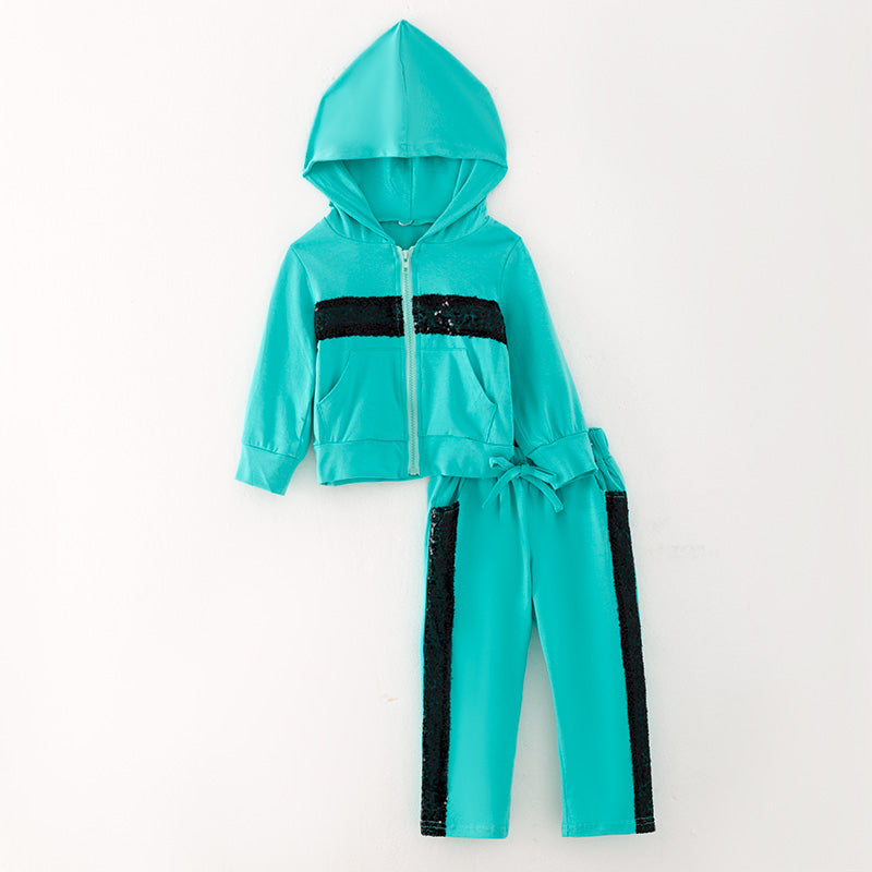 （In Stock G31-05-03）Girls Turquoise Hooded Sports Set