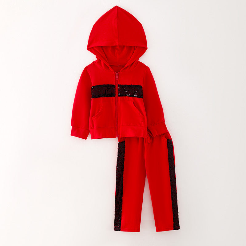 （In Stock G31-04-03）Girls Red Hooded Sports Set