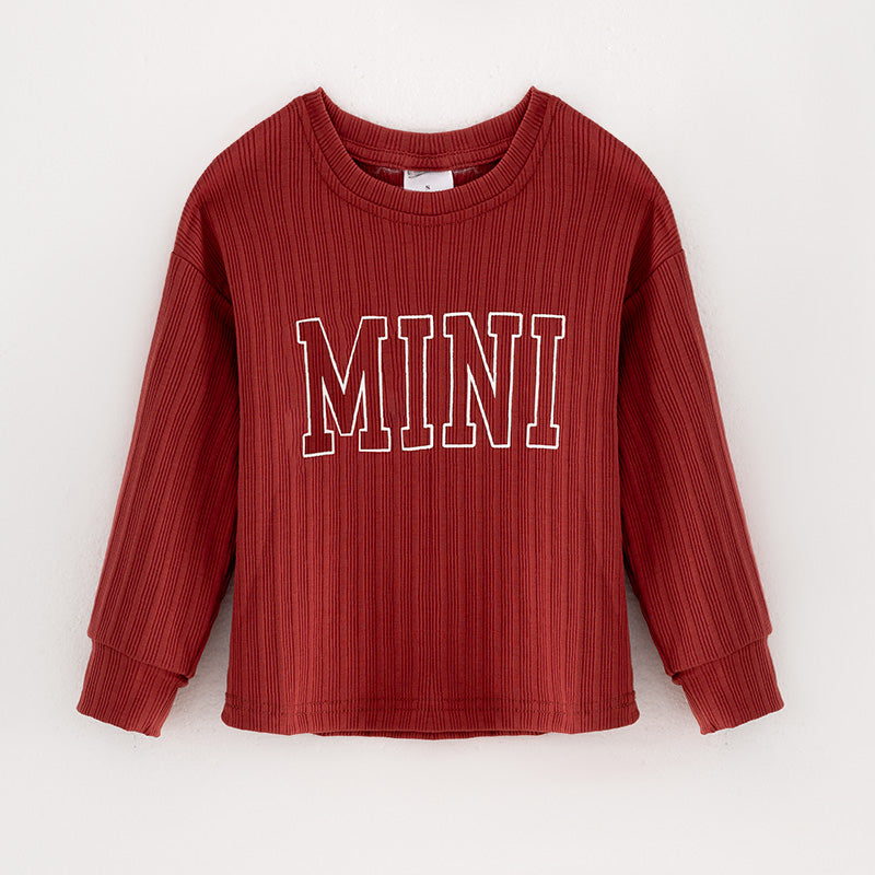 （In Stock G21-04-01）Girls Dark Red “MINI” Print Top