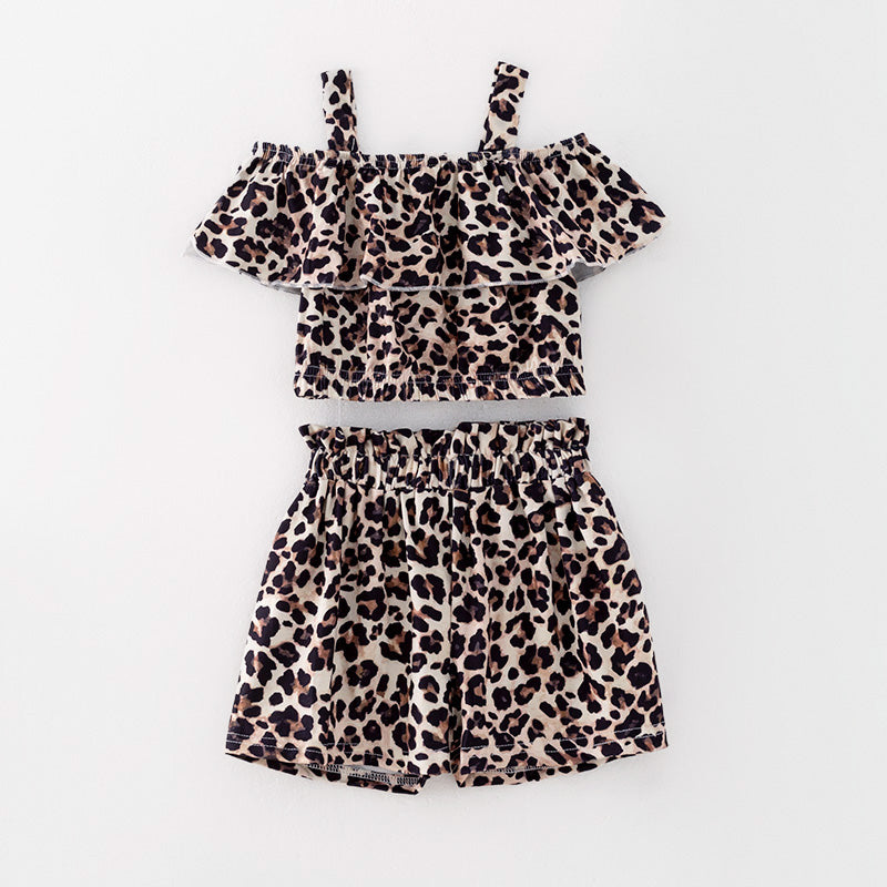 （In Stock）Girls Spring and Summer Leopard Print Halter Shorts Suit