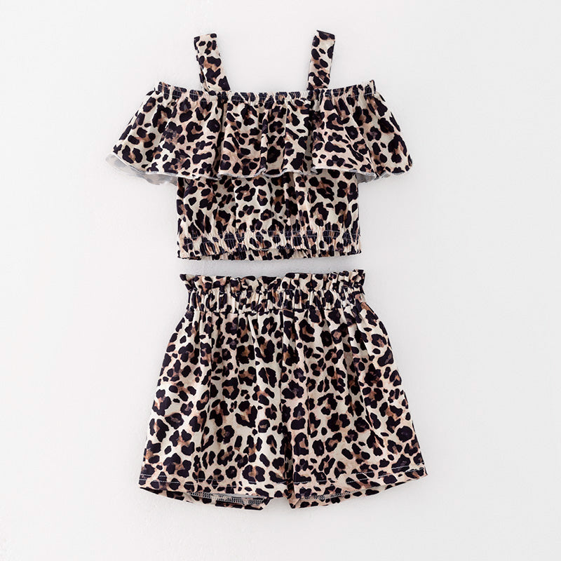 （In Stock）Girls Spring and Summer Leopard Print Halter Shorts Suit