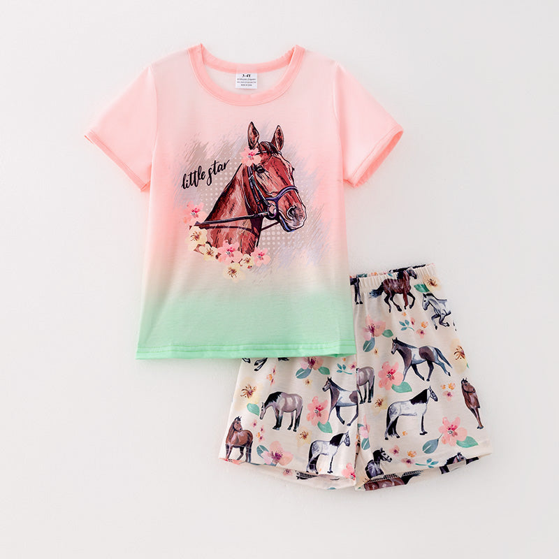 （In Stock）Girls Spring and Summer Horse Print Pajamas