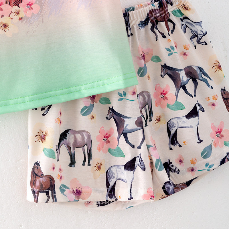 （In Stock）Girls Spring and Summer Horse Print Pajamas