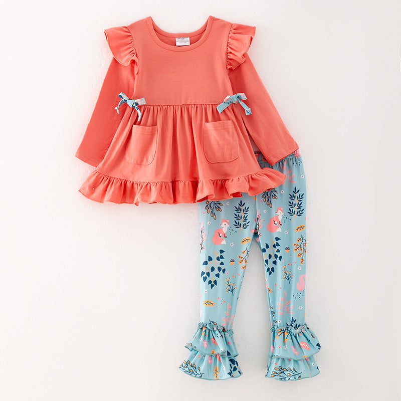 （In Stock G32-5-3）Girls Coral Top Cartoon Print Pants Set