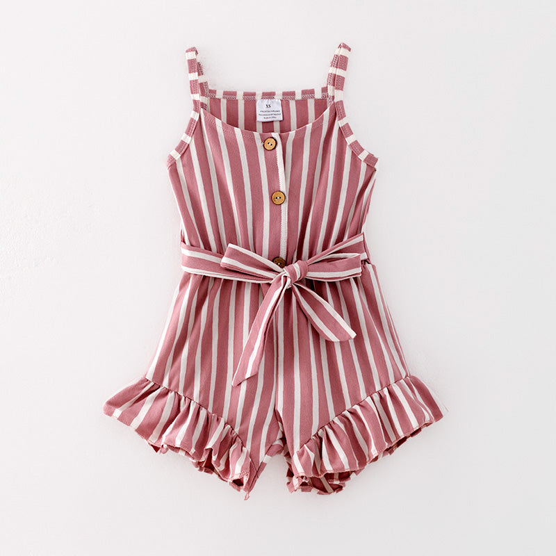 （In Stock）Girls Spring and Summer Pink Stripe Jumpsuit