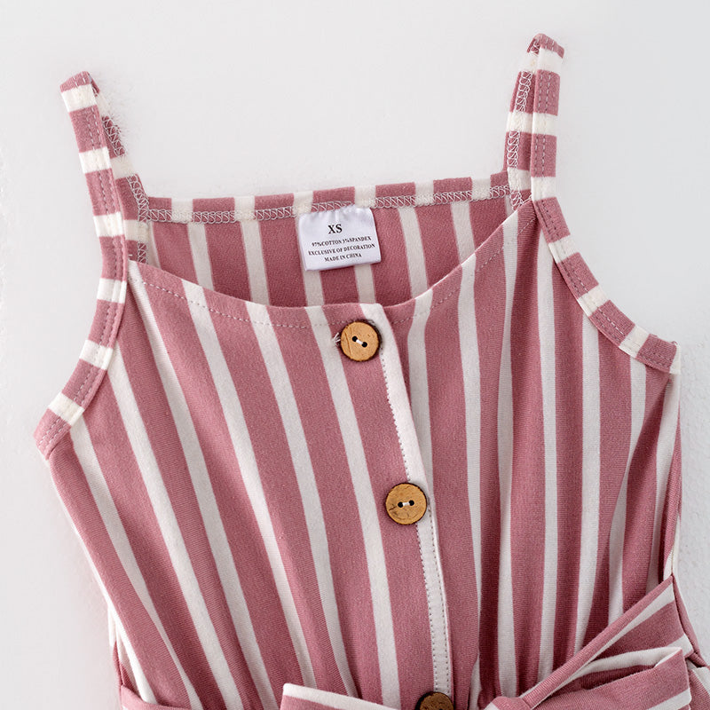 （In Stock）Girls Spring and Summer Pink Stripe Jumpsuit