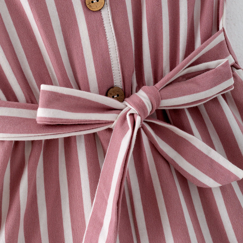 （In Stock）Girls Spring and Summer Pink Stripe Jumpsuit