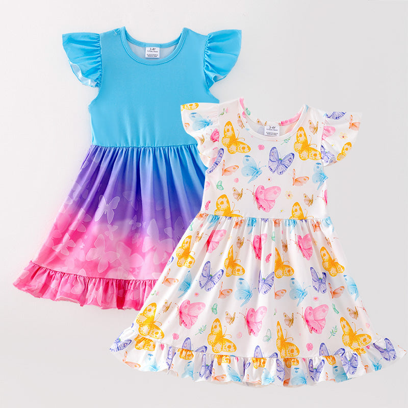 （In Stock）Girls Spring and Summer Floral Print Flying Sleeves Dress 2PCS