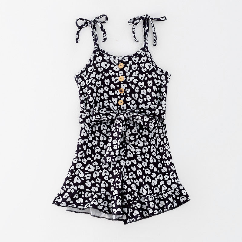 （In Stock）Girls Spring and Summer Black＆White Leopard Print Jumpsuit