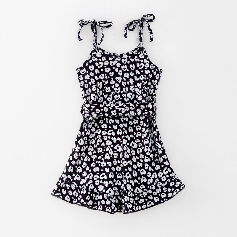 （In Stock）Girls Spring and Summer Black＆White Leopard Print Jumpsuit