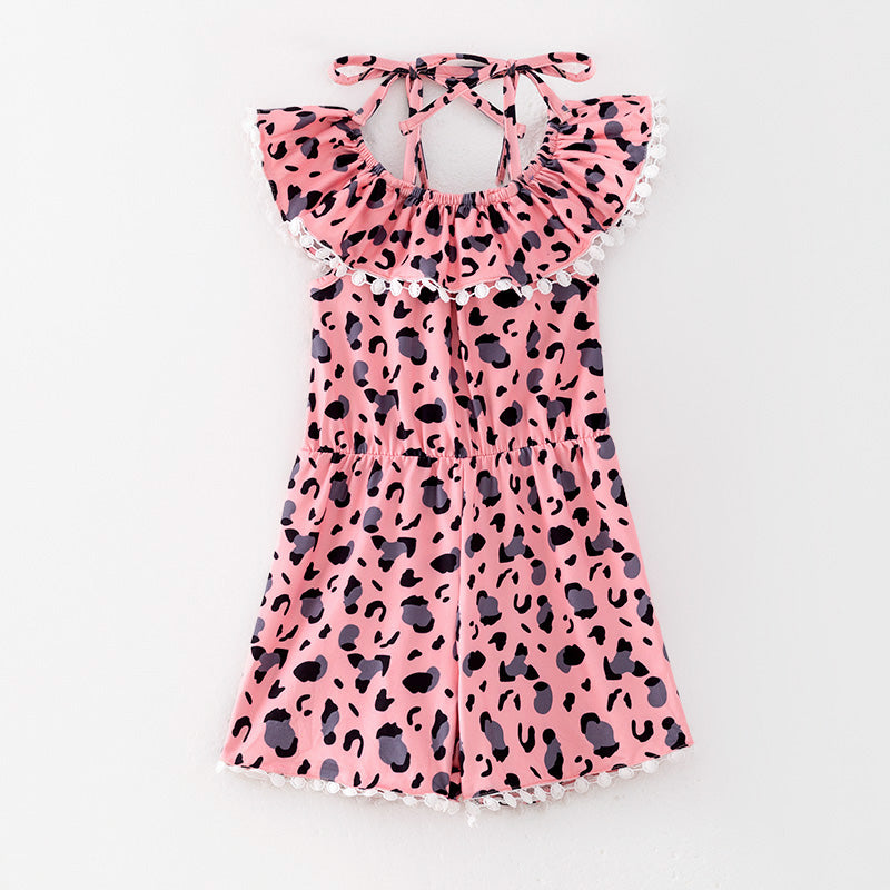 （In Stock）Girls Spring and Summer Pink Leopard Print Jumpsuit