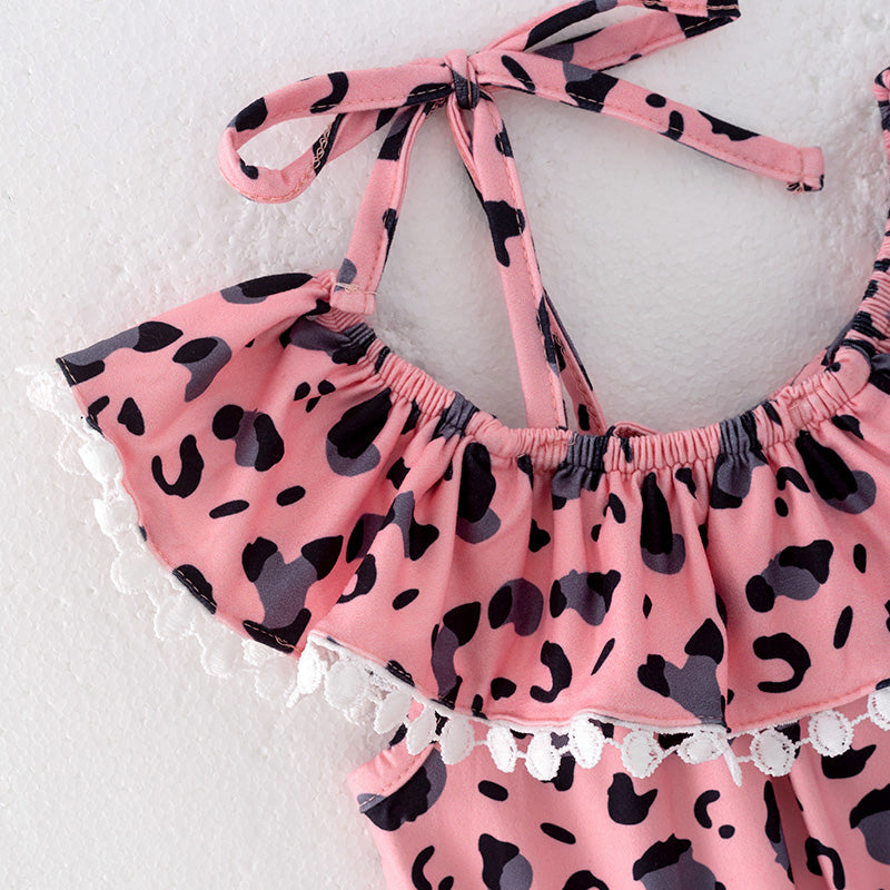 （In Stock）Girls Spring and Summer Pink Leopard Print Jumpsuit