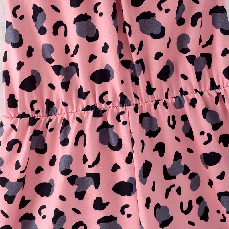 （In Stock）Girls Spring and Summer Pink Leopard Print Jumpsuit