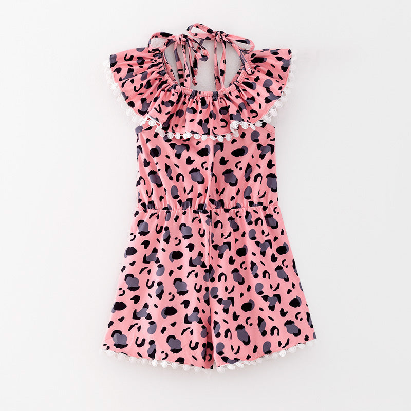 （In Stock）Girls Spring and Summer Pink Leopard Print Jumpsuit