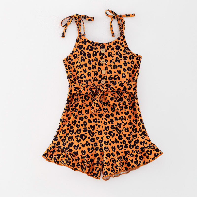 （In Stock）Girls Spring and Summer Brown Leopard Print Jumpsuit