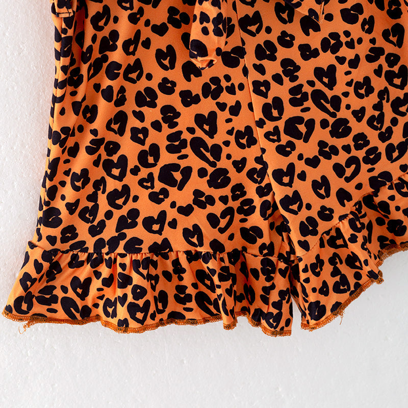 （In Stock）Girls Spring and Summer Brown Leopard Print Jumpsuit