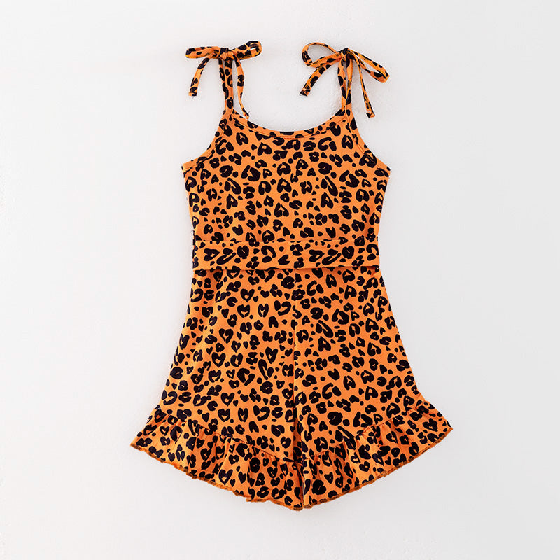 （In Stock）Girls Spring and Summer Brown Leopard Print Jumpsuit