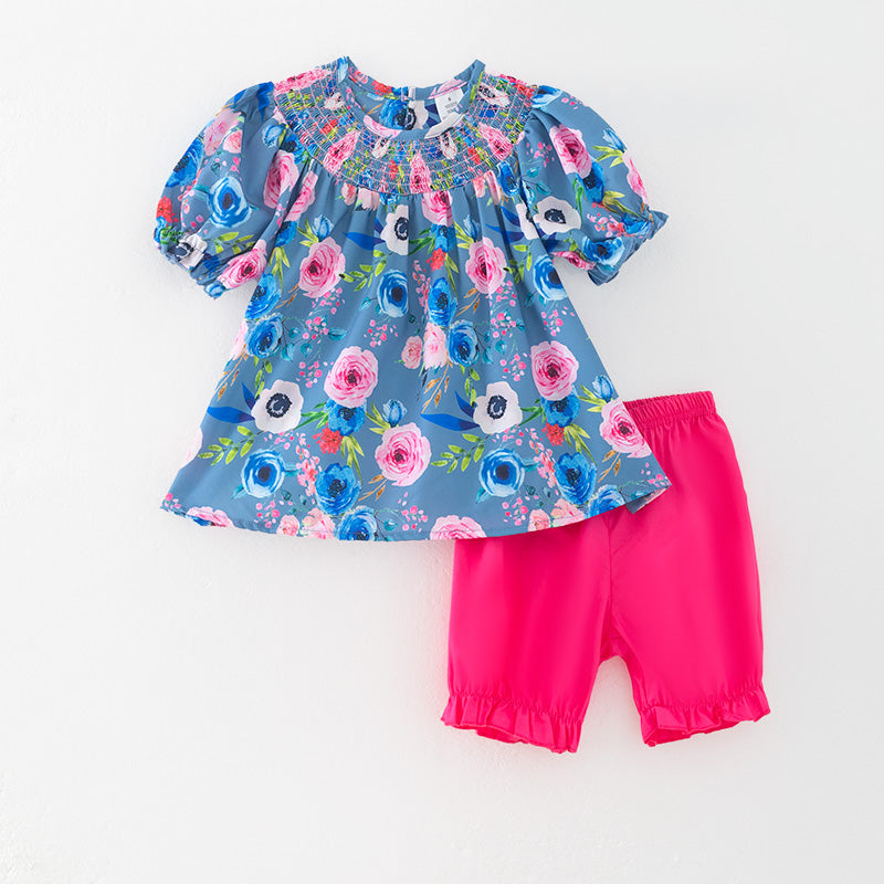 （In Stock）Girls Spring and Summer Floral Print Smocked Shorts Set