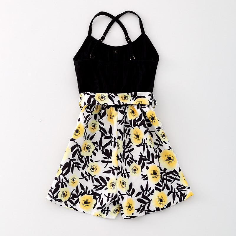 （In Stock）Girls Rib Black Floral Jumpsuit